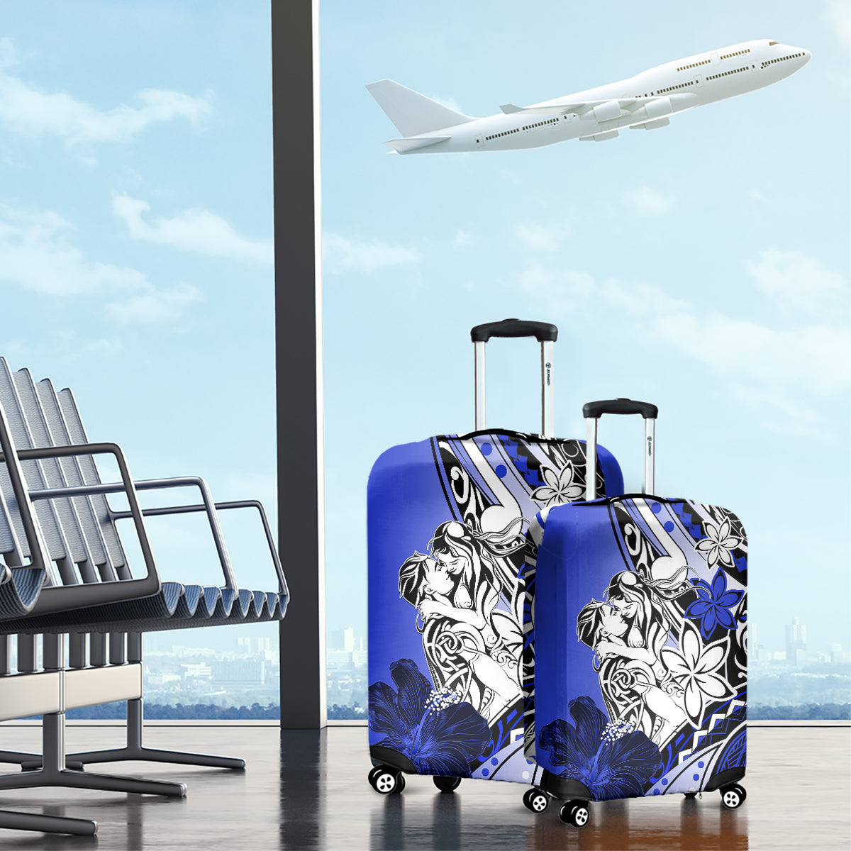 Polynesian Valentine Luggage Cover Couple Floral Unique Blue Version LT01 - Polynesian Pride