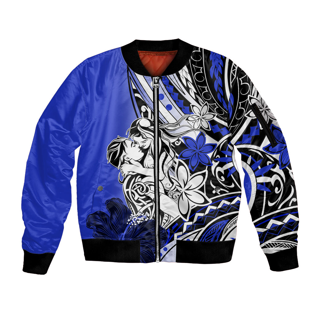 Polynesian Valentine Sleeve Zip Bomber Jacket Couple Floral Unique Blue Version LT01 Unisex Blue - Polynesian Pride