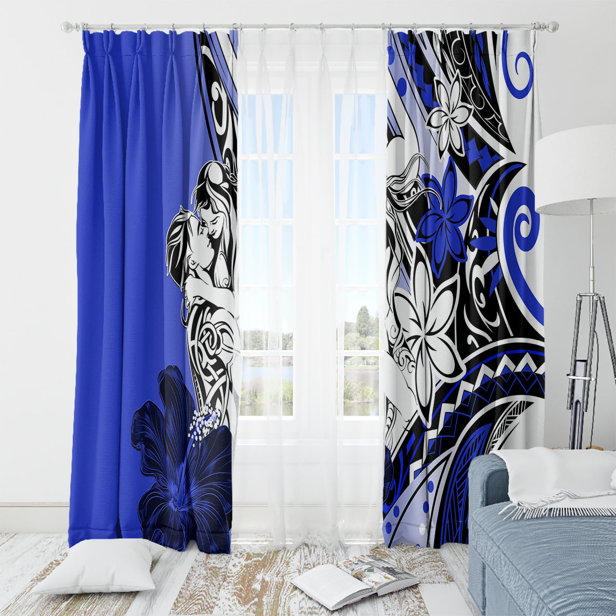 Polynesian Valentine Window Curtain Couple Floral Unique Blue Version LT01 - Polynesian Pride