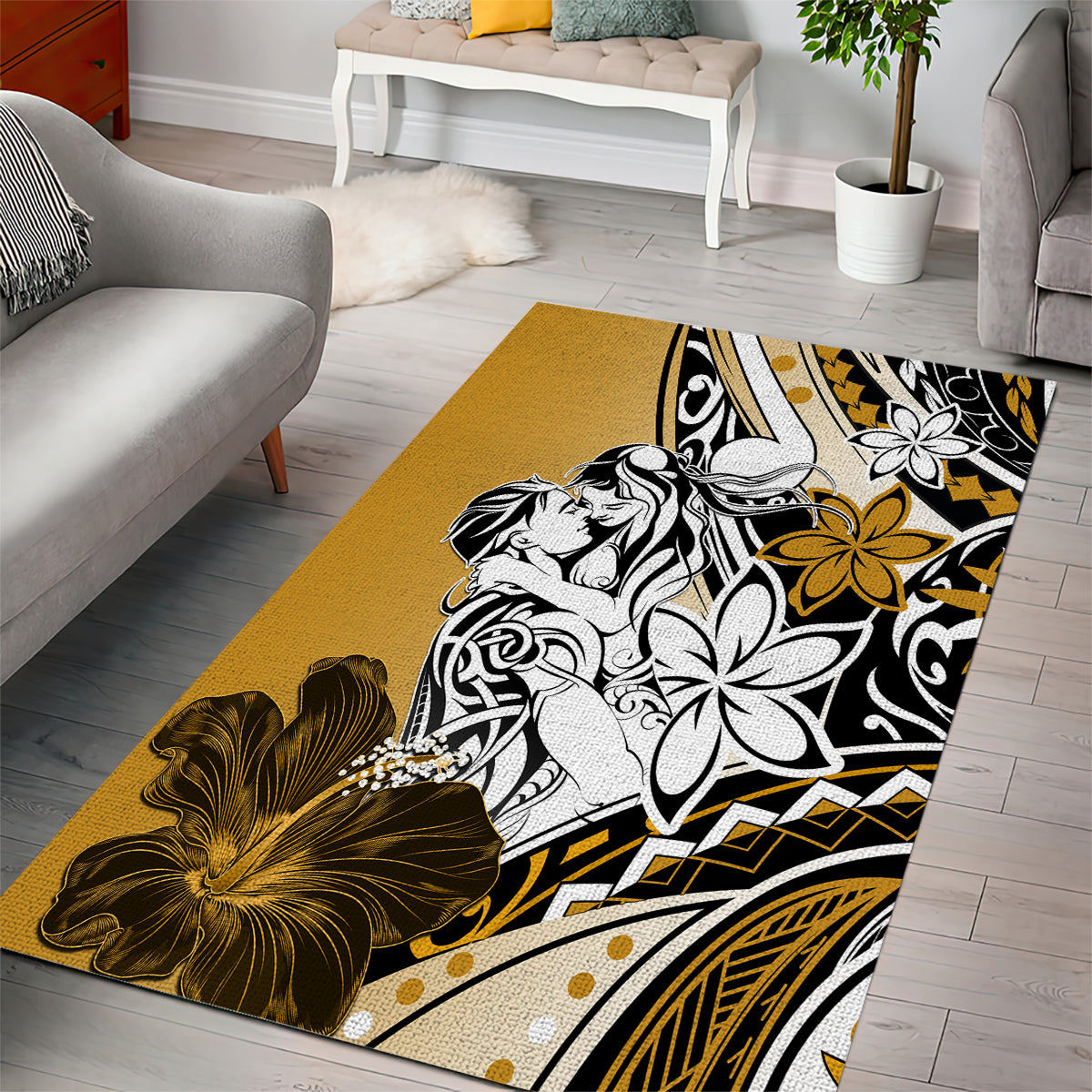 Polynesian Valentine Area Rug Couple Floral Unique Gold Version LT01 - Polynesian Pride