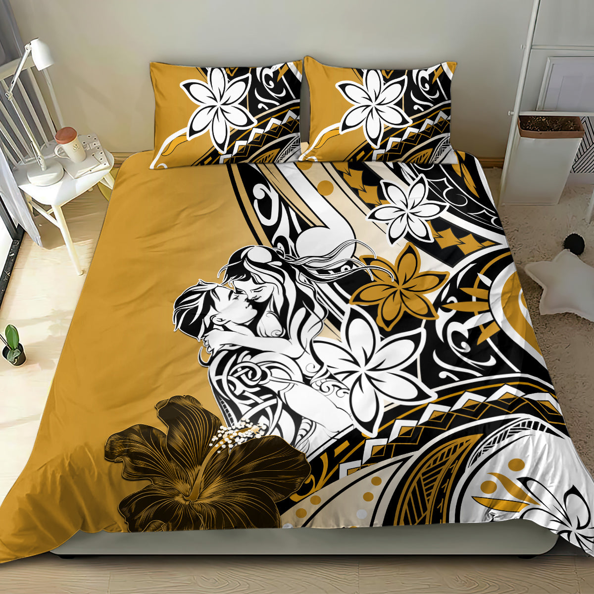 Polynesian Valentine Bedding Set Couple Floral Unique Gold Version LT01 - Polynesian Pride