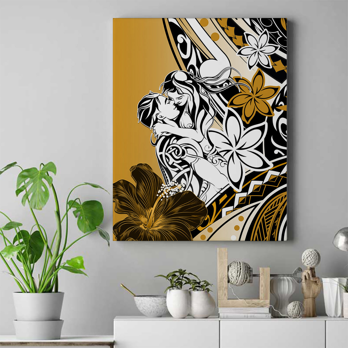 Polynesian Valentine Canvas Wall Art Couple Floral Unique Gold Version LT01 Gold - Polynesian Pride