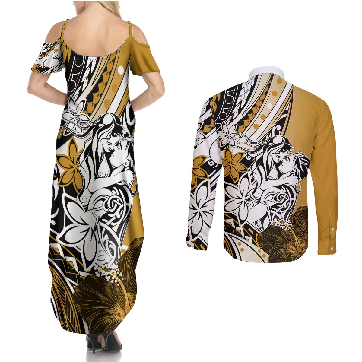 Polynesian Valentine Couples Matching Summer Maxi Dress and Long Sleeve Button Shirt Couple Floral Unique Gold Version LT01 - Polynesian Pride