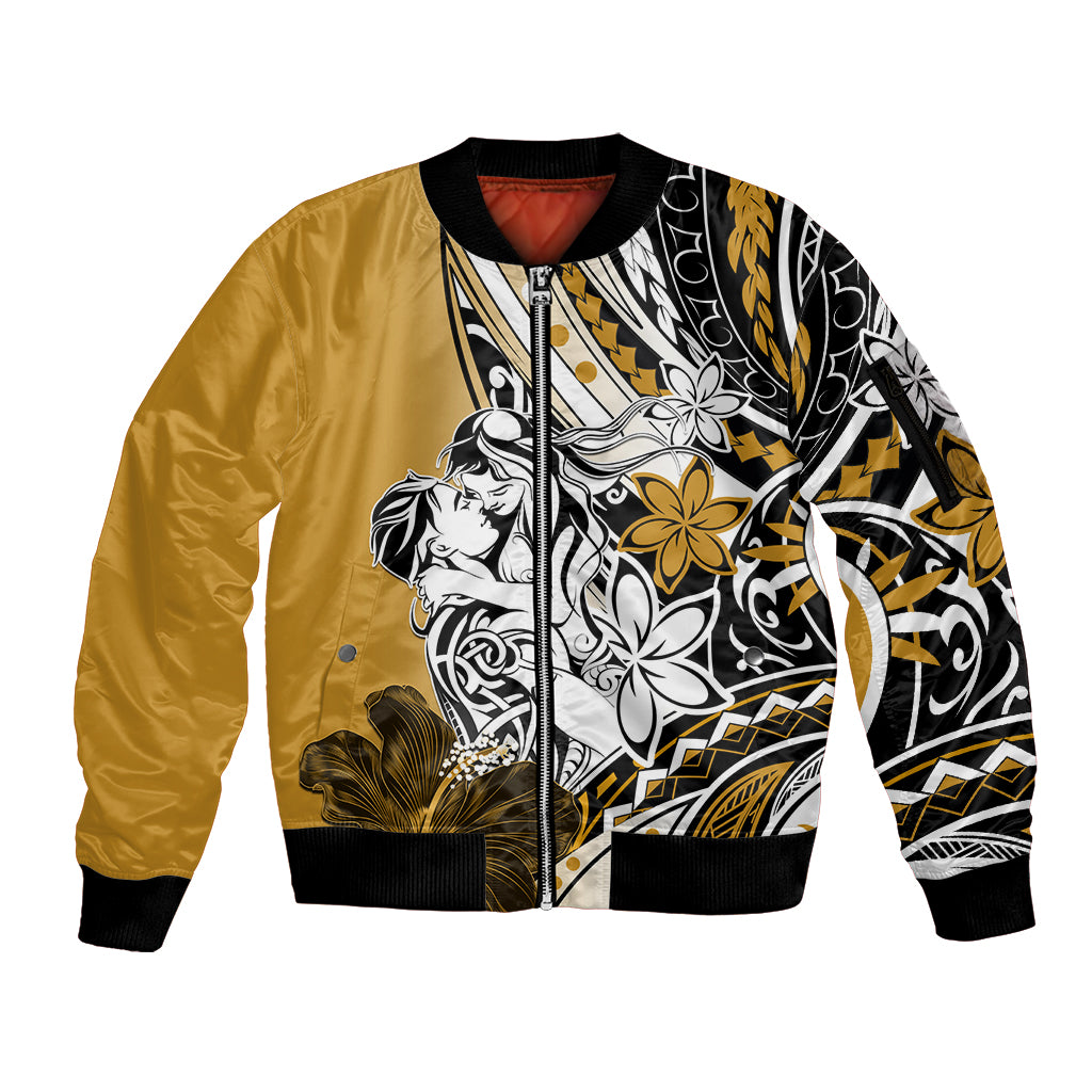 Polynesian Valentine Sleeve Zip Bomber Jacket Couple Floral Unique Gold Version LT01 Unisex Gold - Polynesian Pride