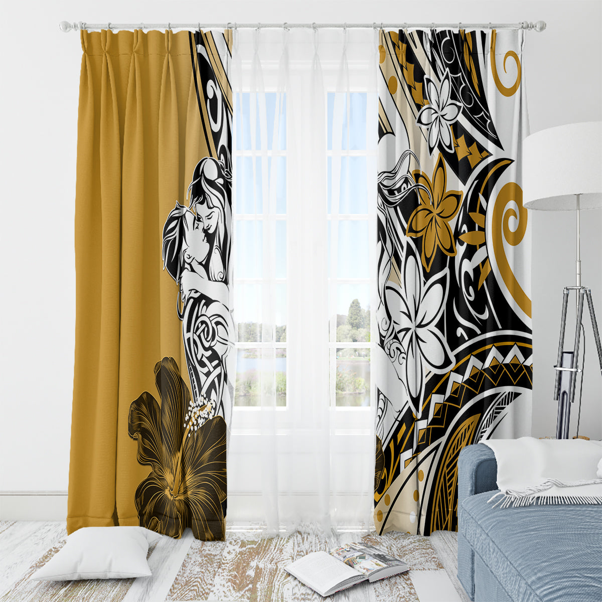 Polynesian Valentine Window Curtain Couple Floral Unique Gold Version LT01 - Polynesian Pride