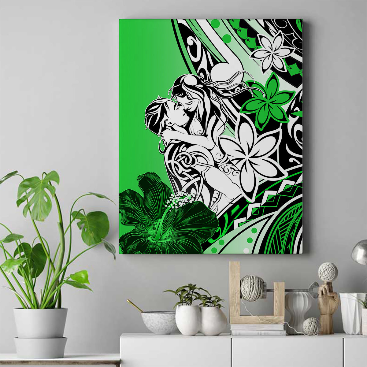 Polynesian Valentine Canvas Wall Art Couple Floral Unique Green Version LT01 Green - Polynesian Pride