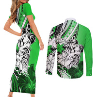 Polynesian Valentine Couples Matching Short Sleeve Bodycon Dress and Long Sleeve Button Shirt Couple Floral Unique Green Version LT01 - Polynesian Pride