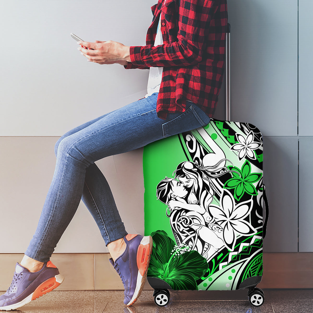 Polynesian Valentine Luggage Cover Couple Floral Unique Green Version LT01 - Polynesian Pride