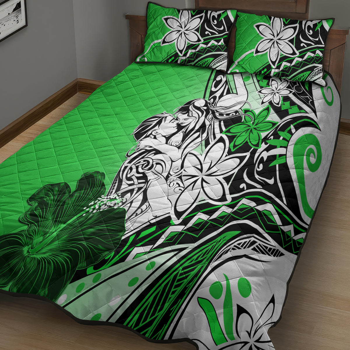 Polynesian Valentine Quilt Bed Set Couple Floral Unique Green Version LT01 - Polynesian Pride