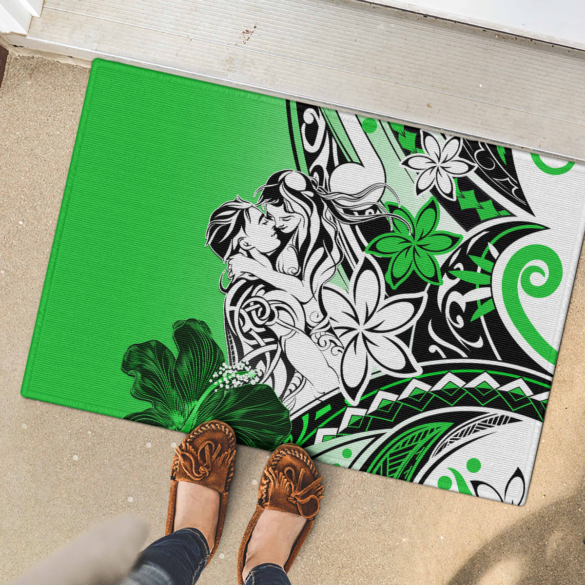 Polynesian Valentine Rubber Doormat Couple Floral Unique Green Version LT01 - Polynesian Pride