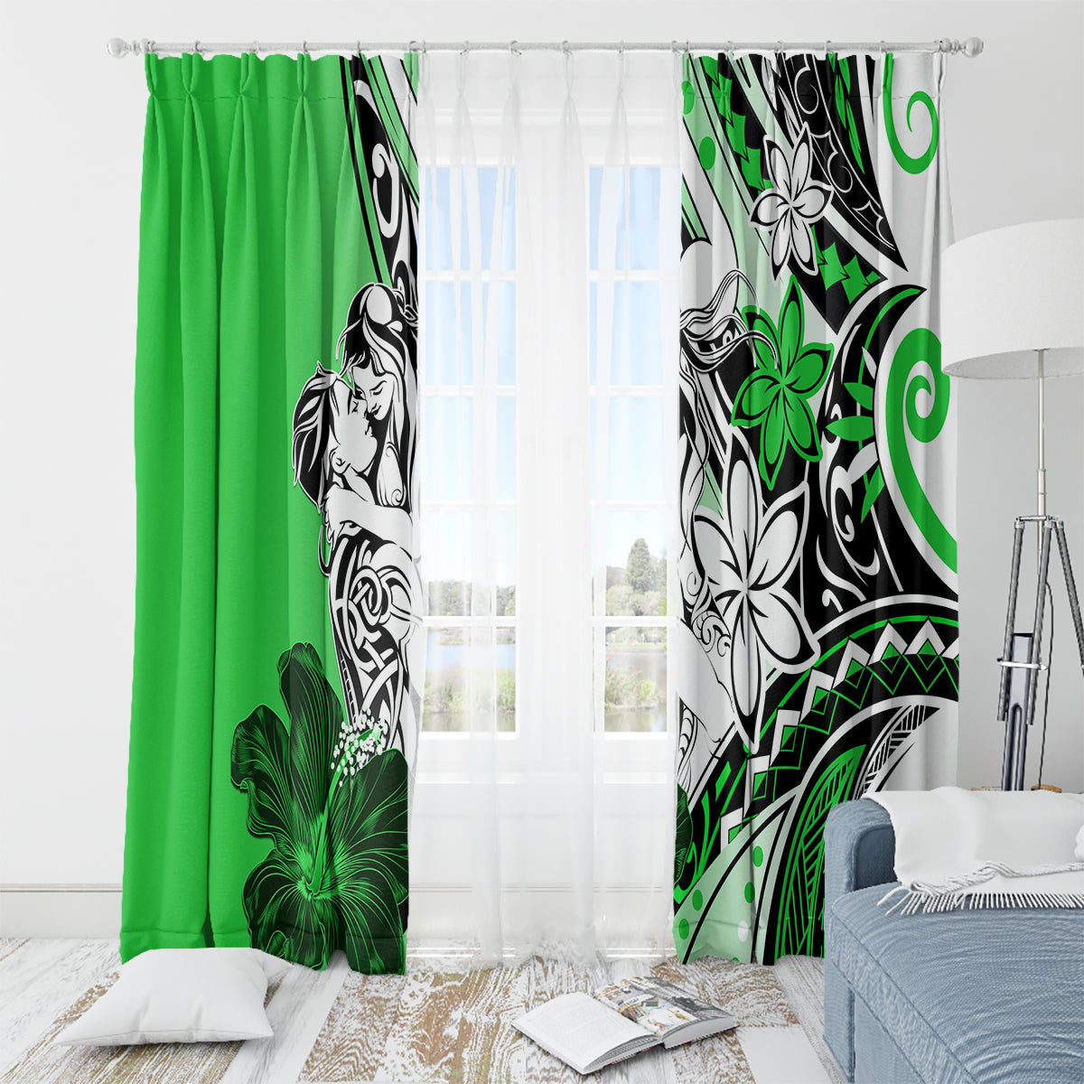 Polynesian Valentine Window Curtain Couple Floral Unique Green Version LT01 - Polynesian Pride