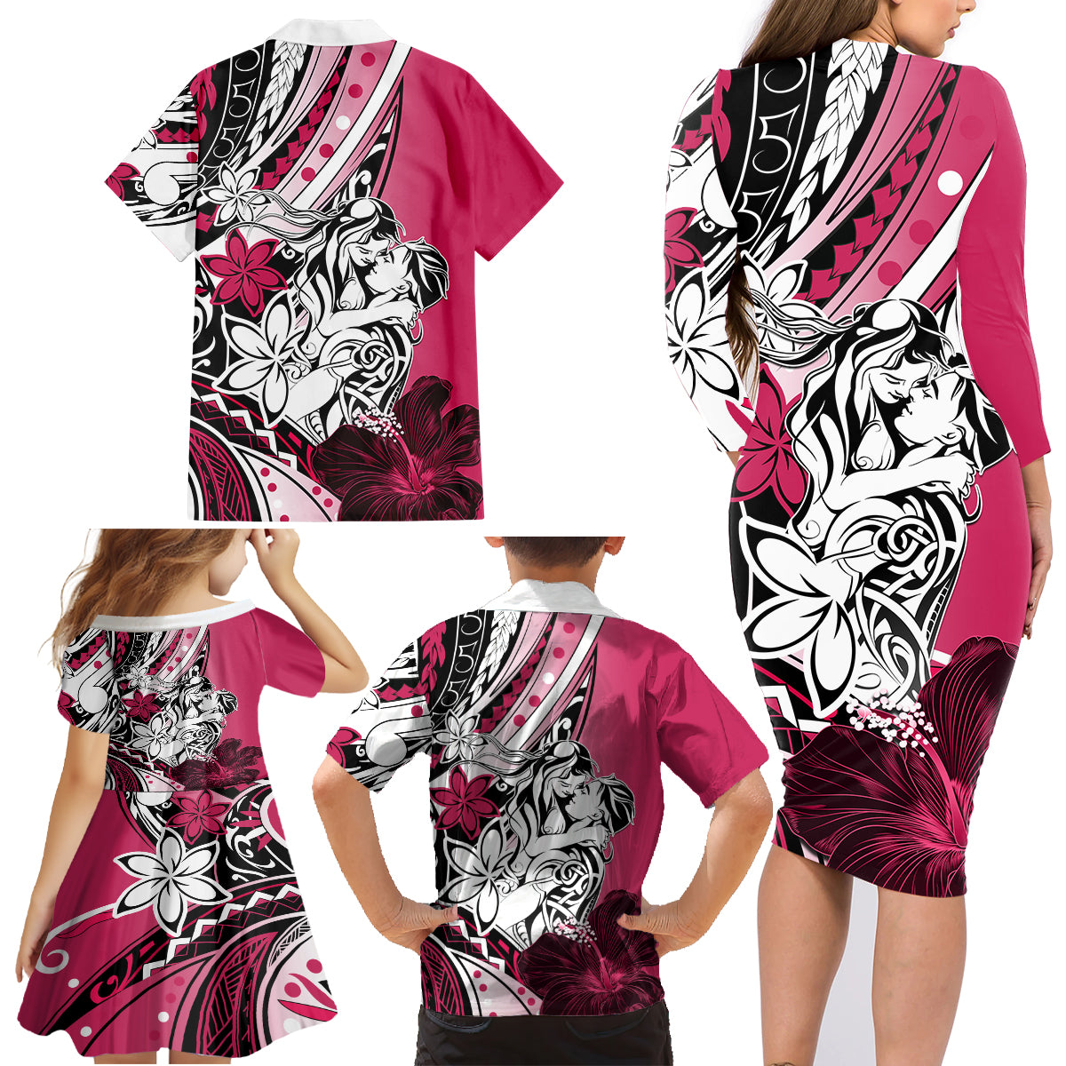 Polynesian Valentine Family Matching Long Sleeve Bodycon Dress and Hawaiian Shirt Couple Floral Unique Pink Version LT01 - Polynesian Pride