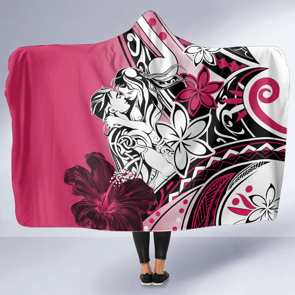 Polynesian Valentine Hooded Blanket Couple Floral Unique Pink Version LT01 - Polynesian Pride