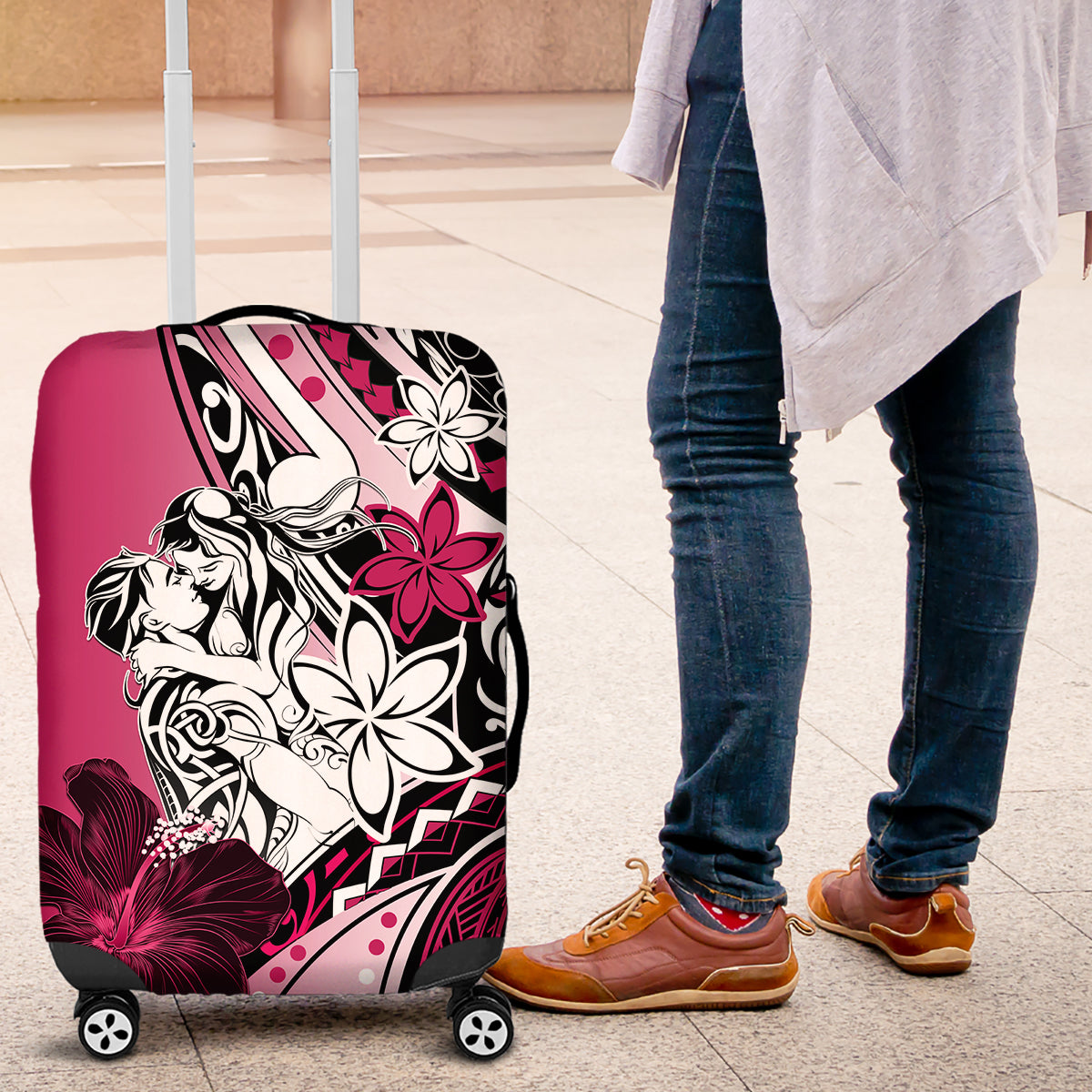 Polynesian Valentine Luggage Cover Couple Floral Unique Pink Version LT01 Pink - Polynesian Pride