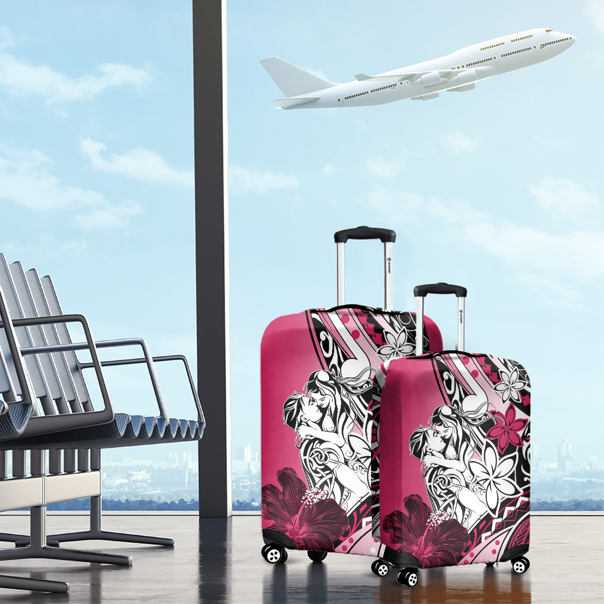 Polynesian Valentine Luggage Cover Couple Floral Unique Pink Version LT01 - Polynesian Pride