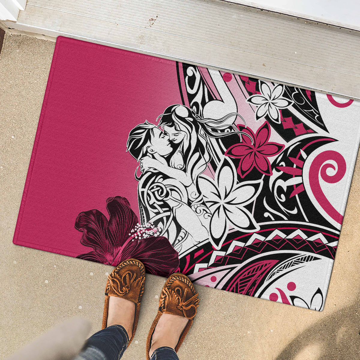Polynesian Valentine Rubber Doormat Couple Floral Unique Pink Version LT01 - Polynesian Pride