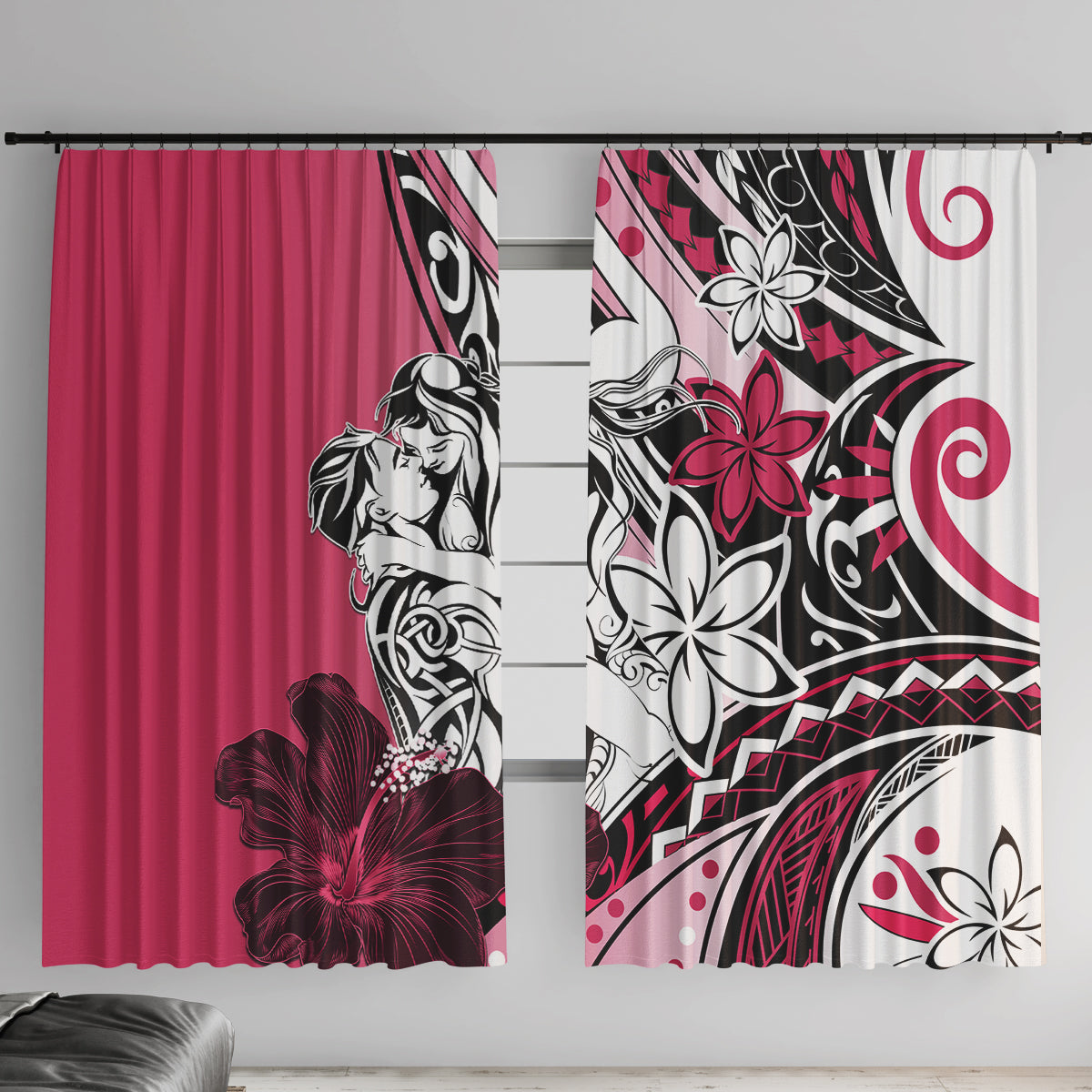 Polynesian Valentine Window Curtain Couple Floral Unique Pink Version LT01 With Hooks Pink - Polynesian Pride
