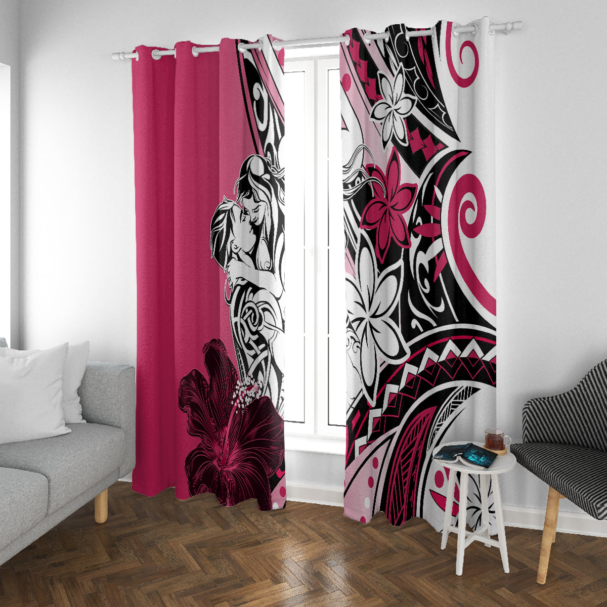 Polynesian Valentine Window Curtain Couple Floral Unique Pink Version LT01 With Grommets Pink - Polynesian Pride