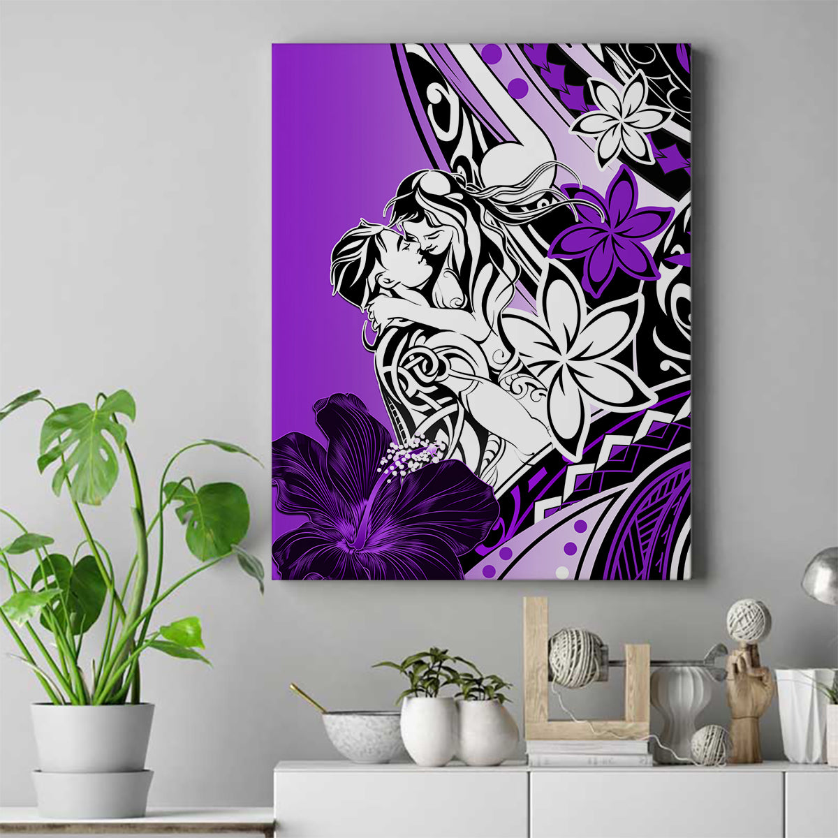 Polynesian Valentine Canvas Wall Art Couple Floral Unique Purple Version LT01 Purple - Polynesian Pride