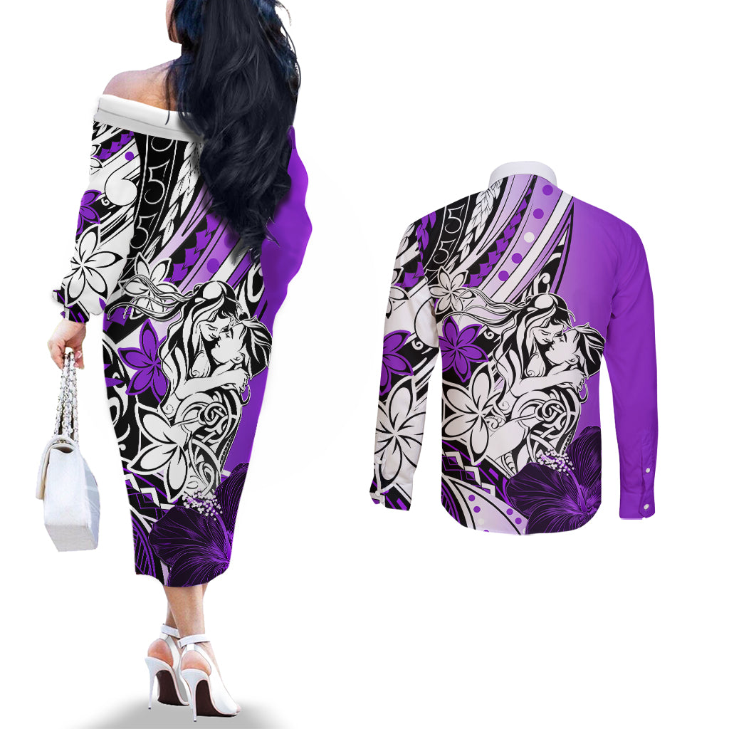 Polynesian Valentine Couples Matching Off The Shoulder Long Sleeve Dress and Long Sleeve Button Shirt Couple Floral Unique Purple Version LT01 - Polynesian Pride
