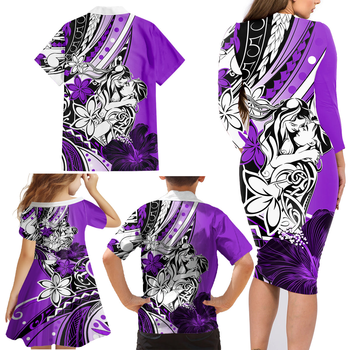 Polynesian Valentine Family Matching Long Sleeve Bodycon Dress and Hawaiian Shirt Couple Floral Unique Purple Version LT01 - Polynesian Pride