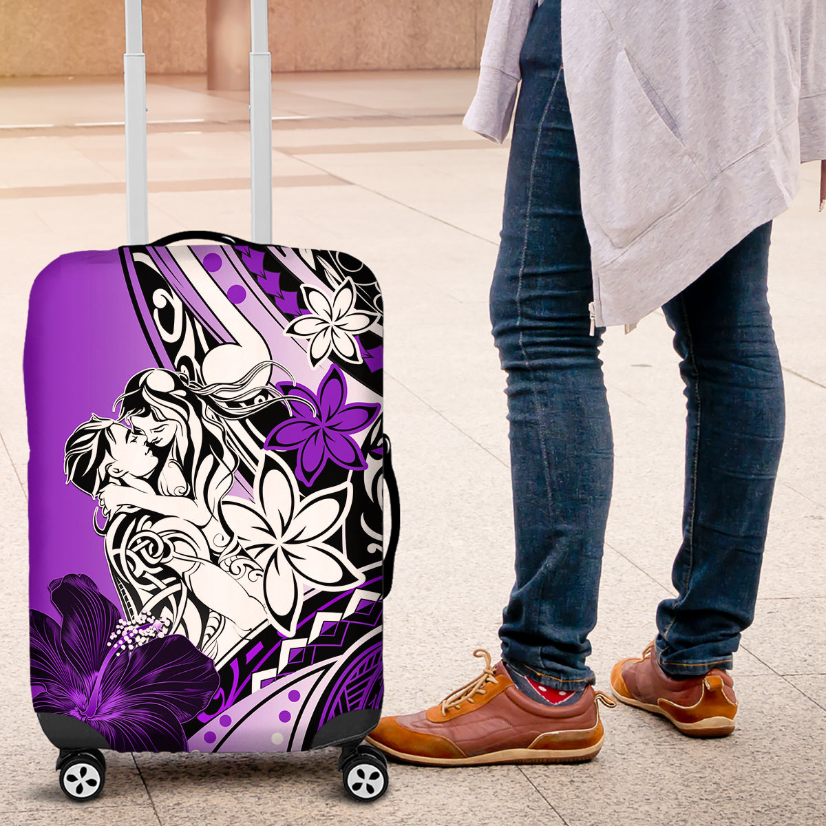 Polynesian Valentine Luggage Cover Couple Floral Unique Purple Version LT01 Purple - Polynesian Pride