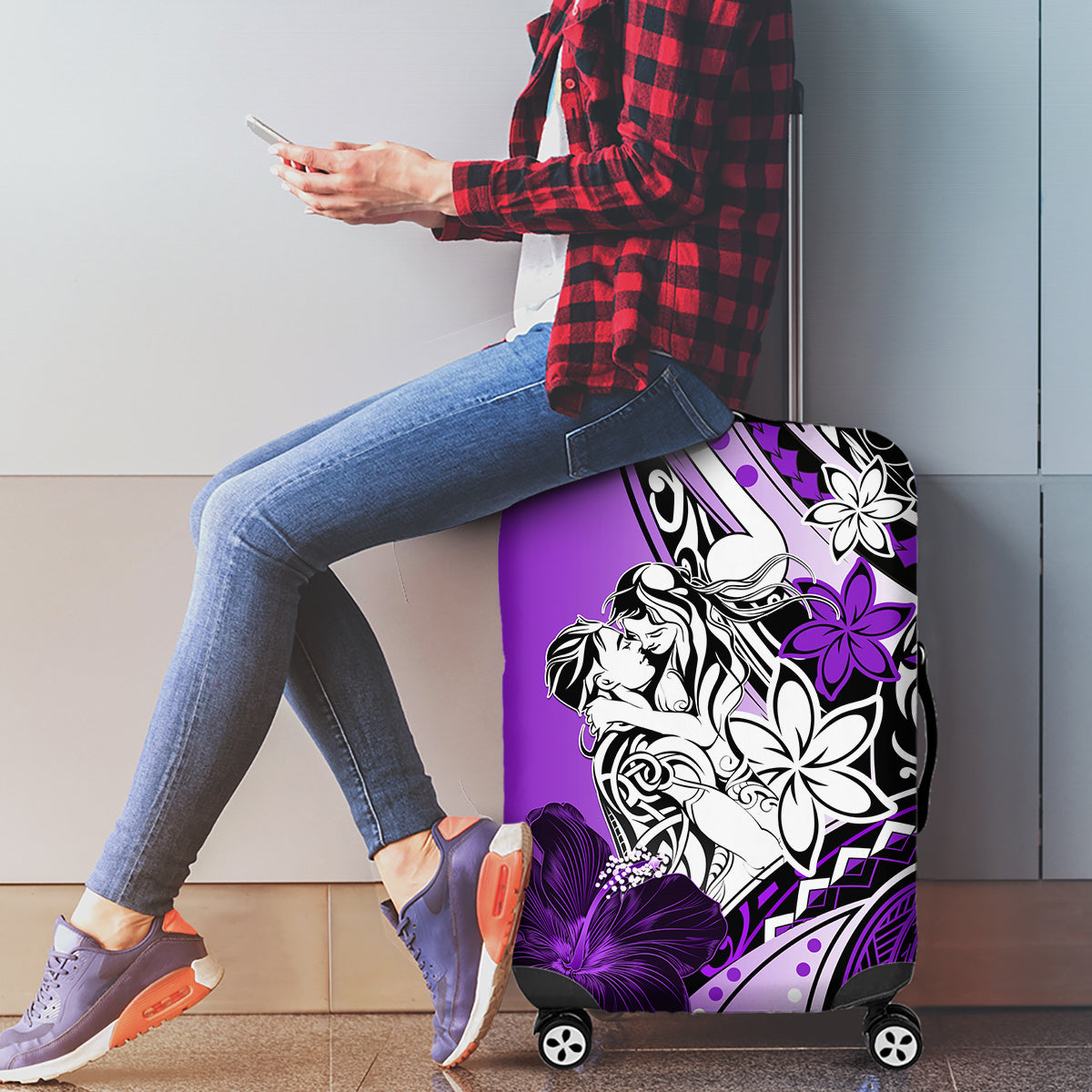 Polynesian Valentine Luggage Cover Couple Floral Unique Purple Version LT01 - Polynesian Pride