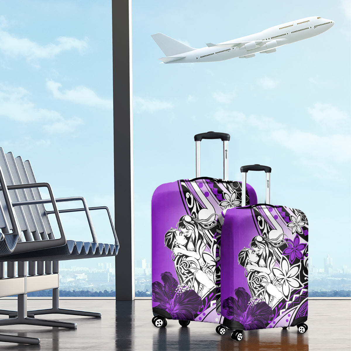 Polynesian Valentine Luggage Cover Couple Floral Unique Purple Version LT01 - Polynesian Pride