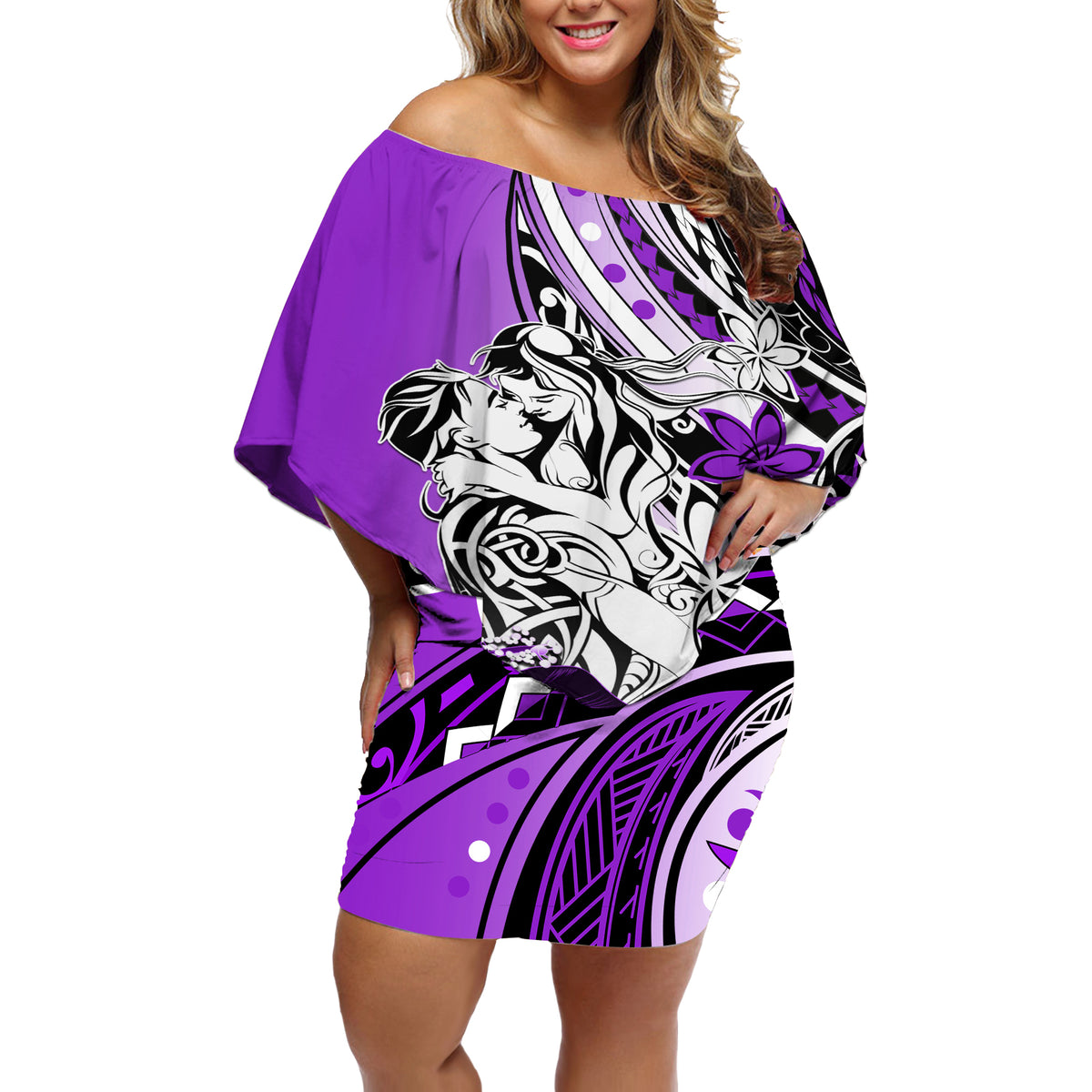 Polynesian Valentine Off Shoulder Short Dress Couple Floral Unique Purple Version LT01 Women Purple - Polynesian Pride