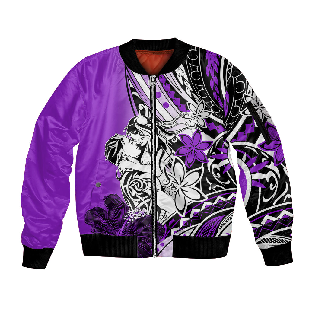 Polynesian Valentine Sleeve Zip Bomber Jacket Couple Floral Unique Purple Version LT01 Unisex Purple - Polynesian Pride