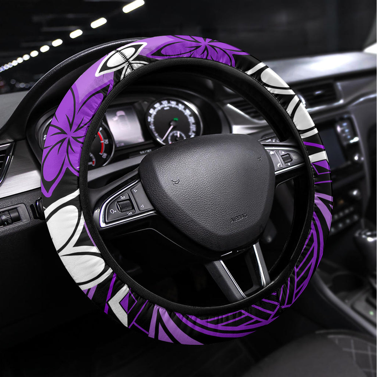 Polynesian Valentine Steering Wheel Cover Couple Floral Unique Purple Version LT01 Universal Fit Purple - Polynesian Pride