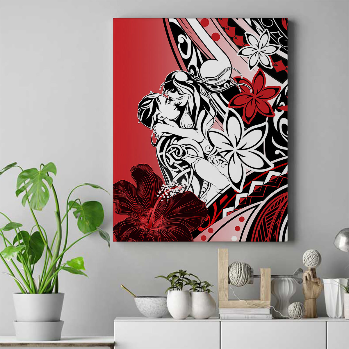 Polynesian Valentine Canvas Wall Art Couple Floral Unique Red Version LT01 Red - Polynesian Pride