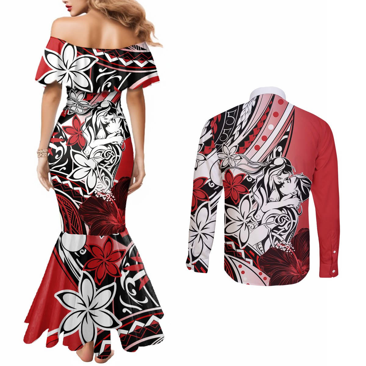 Polynesian Valentine Couples Matching Mermaid Dress and Long Sleeve Button Shirt Couple Floral Unique Red Version LT01 - Polynesian Pride