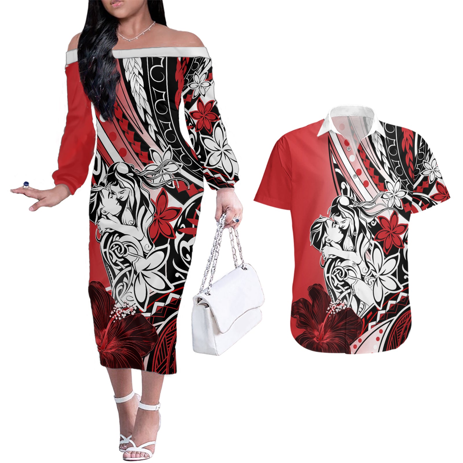 Polynesian Valentine Couples Matching Off The Shoulder Long Sleeve Dress and Hawaiian Shirt Couple Floral Unique Red Version LT01 Red - Polynesian Pride