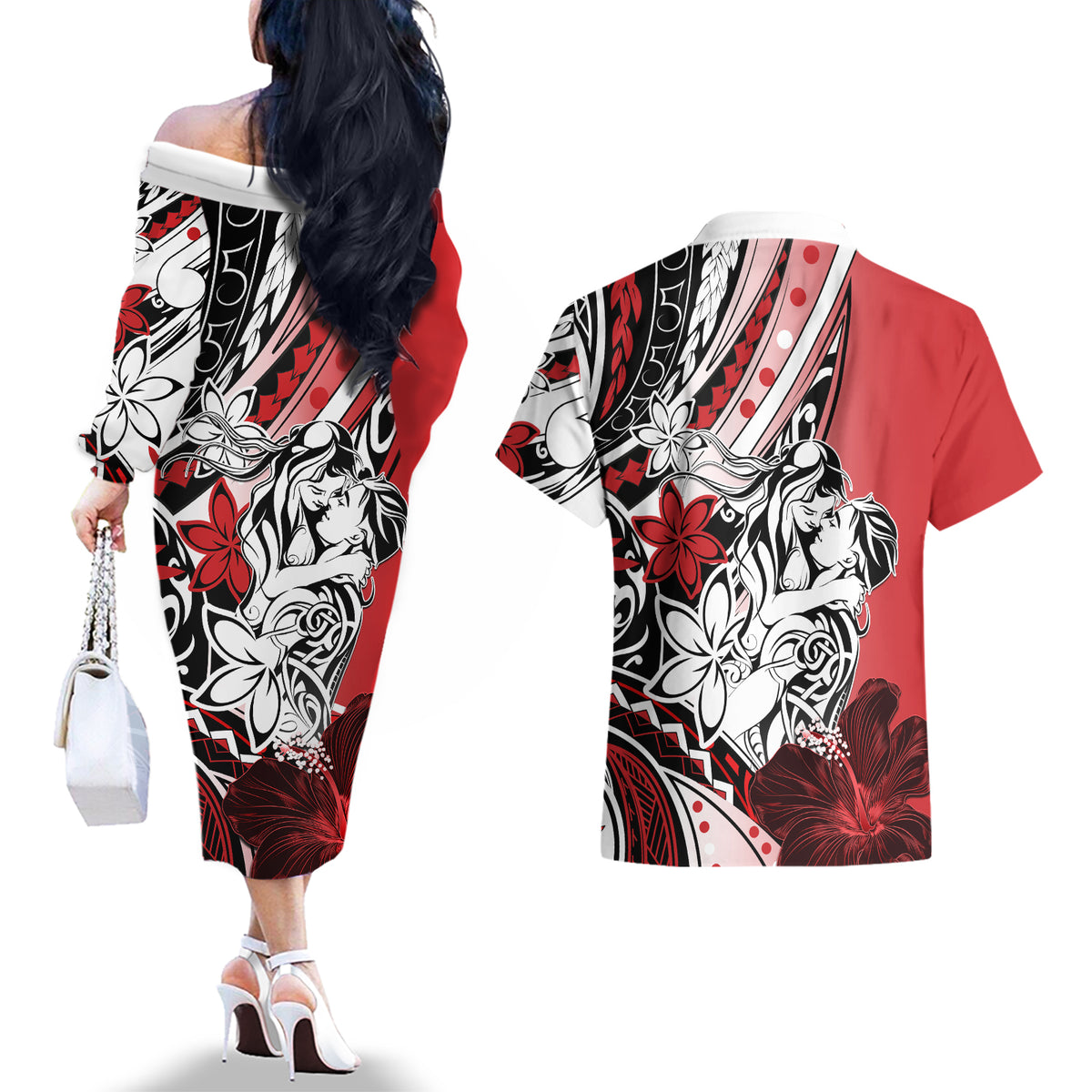 Polynesian Valentine Couples Matching Off The Shoulder Long Sleeve Dress and Hawaiian Shirt Couple Floral Unique Red Version LT01 - Polynesian Pride