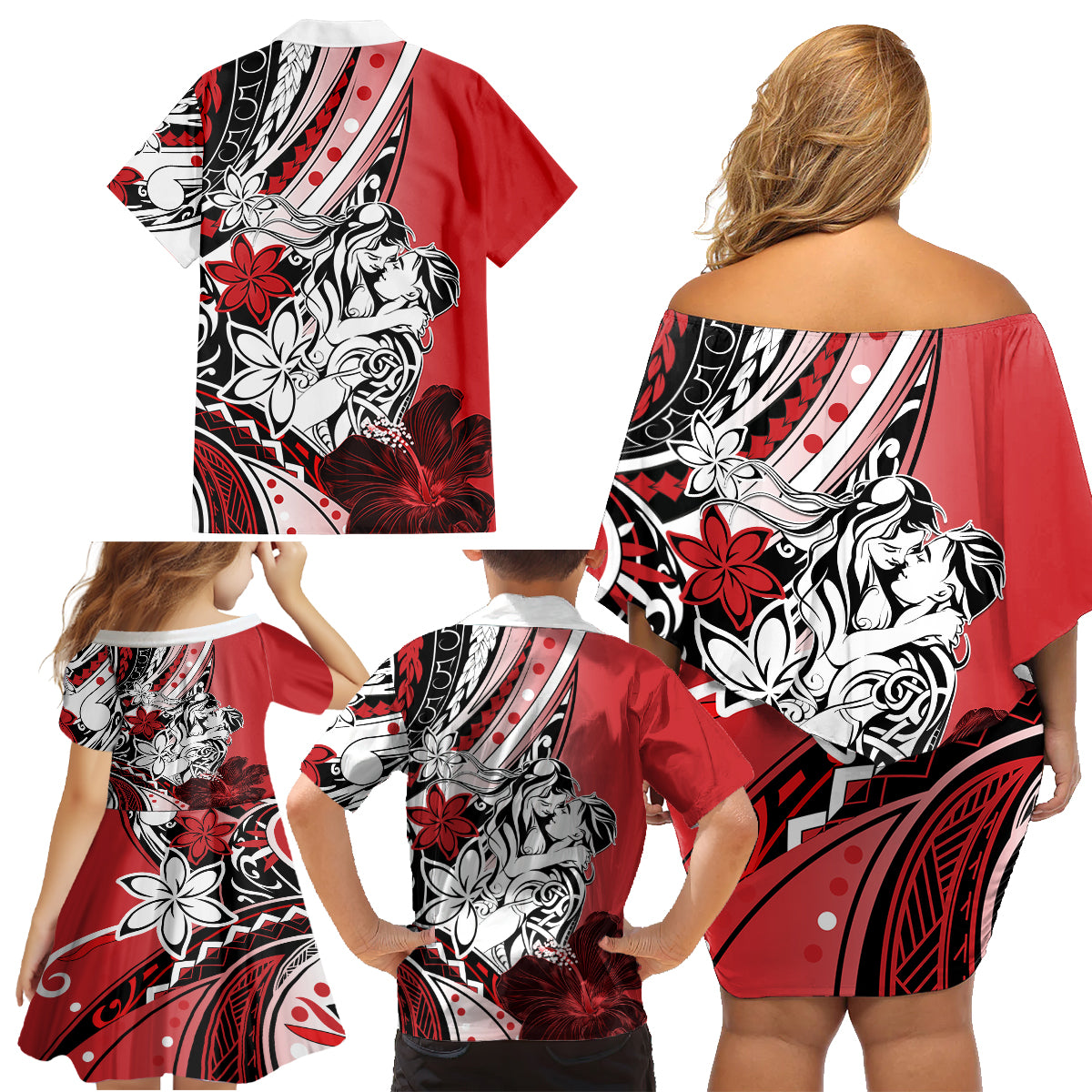 Polynesian Valentine Family Matching Off Shoulder Short Dress and Hawaiian Shirt Couple Floral Unique Red Version LT01 - Polynesian Pride