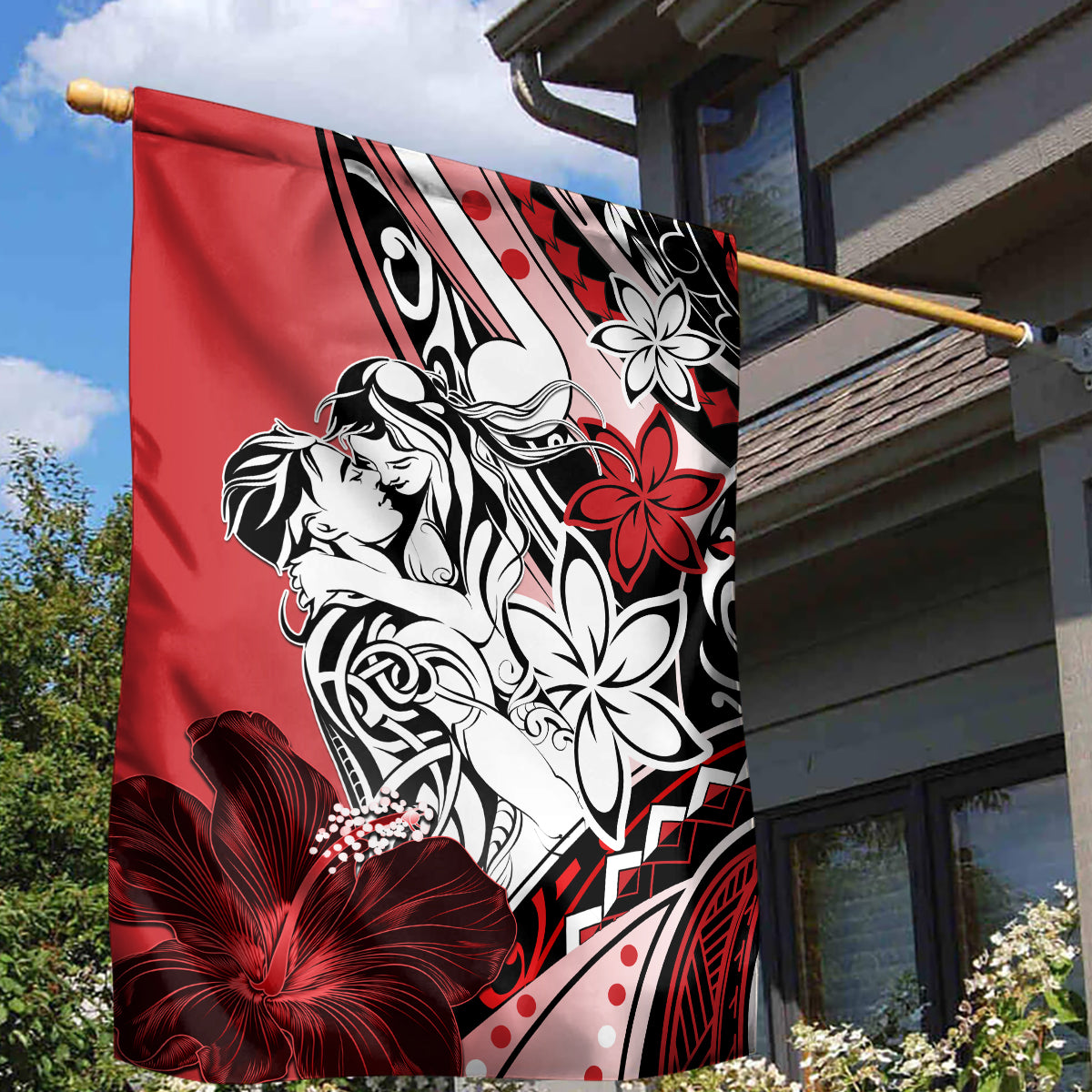 Polynesian Valentine Garden Flag Couple Floral Unique Red Version LT01 - Polynesian Pride
