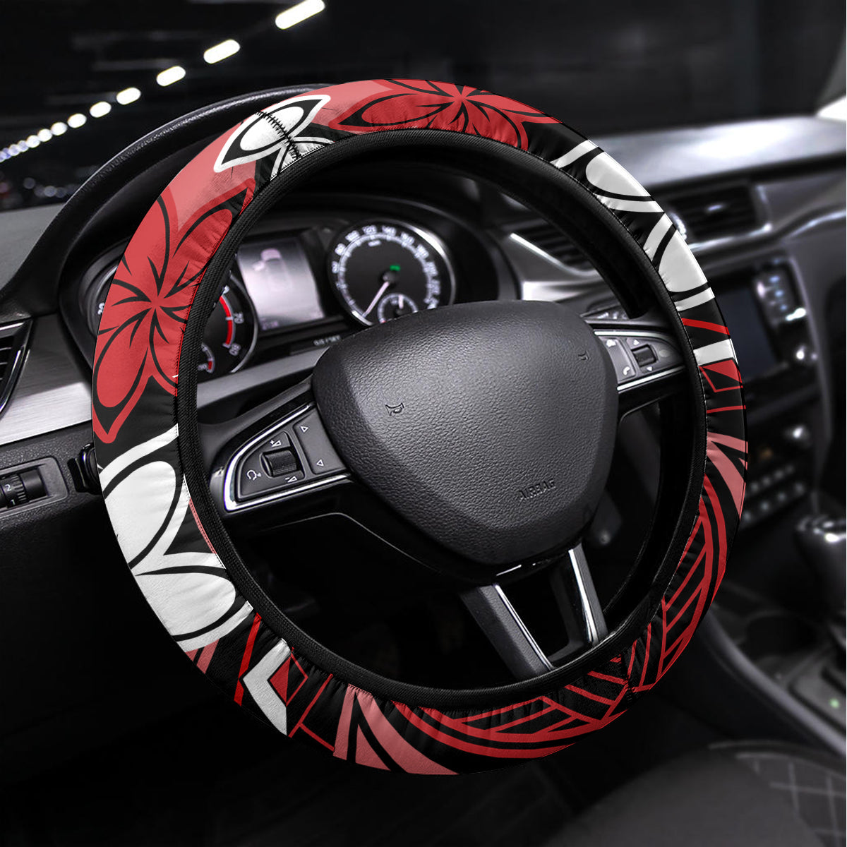 Polynesian Valentine Steering Wheel Cover Couple Floral Unique Red Version LT01 Universal Fit Red - Polynesian Pride