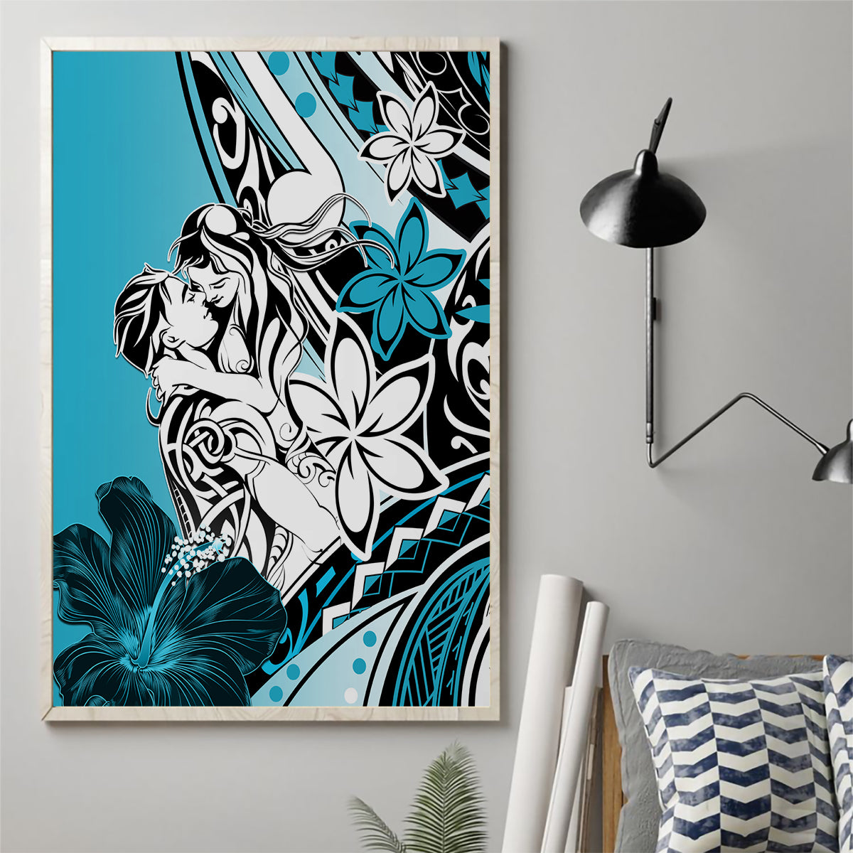 Polynesian Valentine Canvas Wall Art Couple Floral Unique Sky Blue Version LT01 - Polynesian Pride