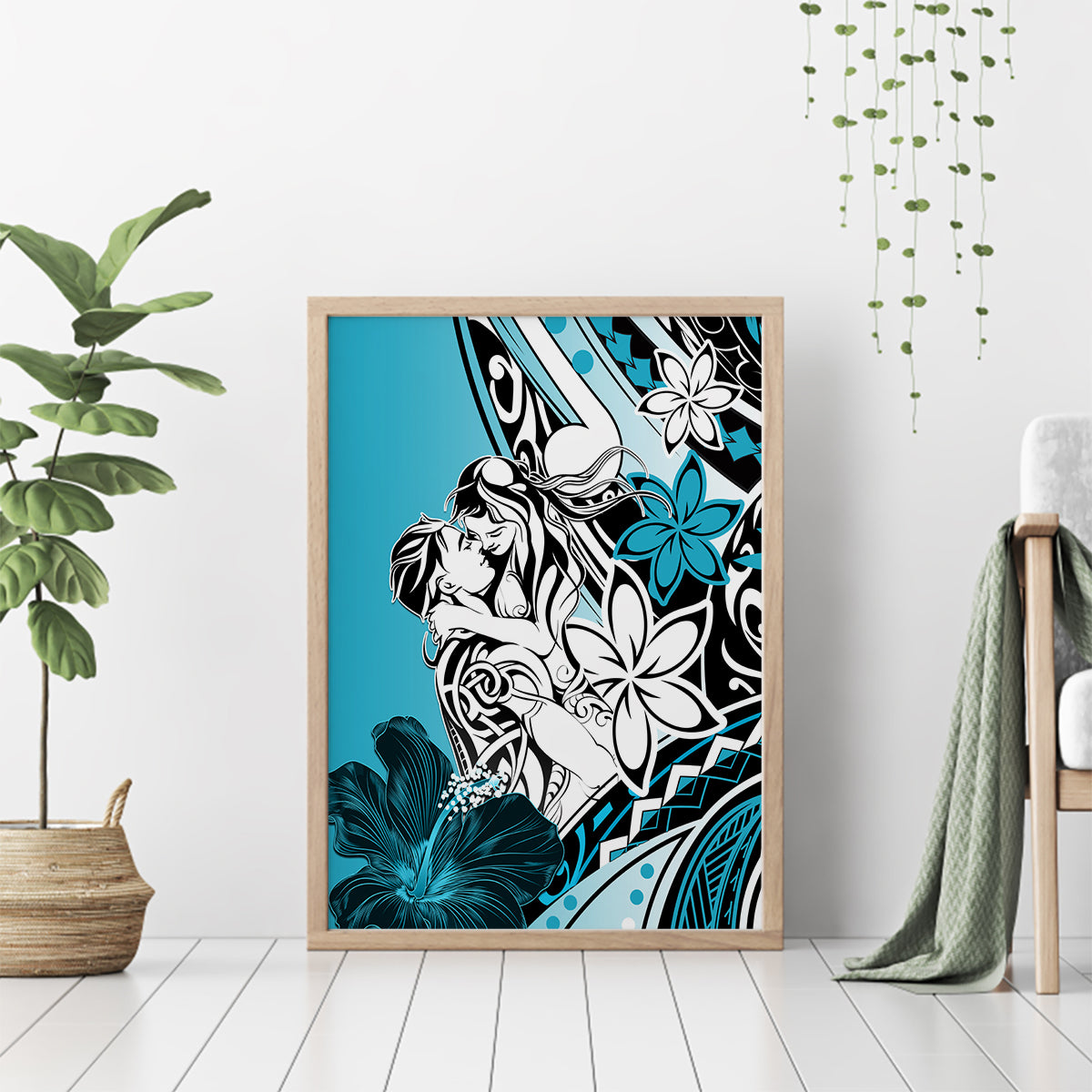 Polynesian Valentine Canvas Wall Art Couple Floral Unique Sky Blue Version LT01 - Polynesian Pride