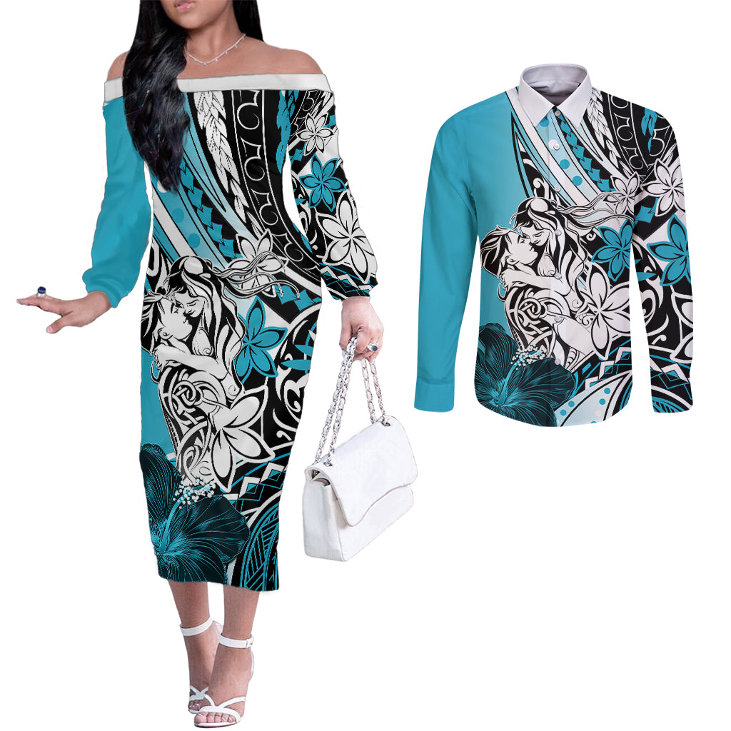 Polynesian Valentine Couples Matching Off The Shoulder Long Sleeve Dress and Long Sleeve Button Shirt Couple Floral Unique Sky Blue Version LT01 Sky - Polynesian Pride