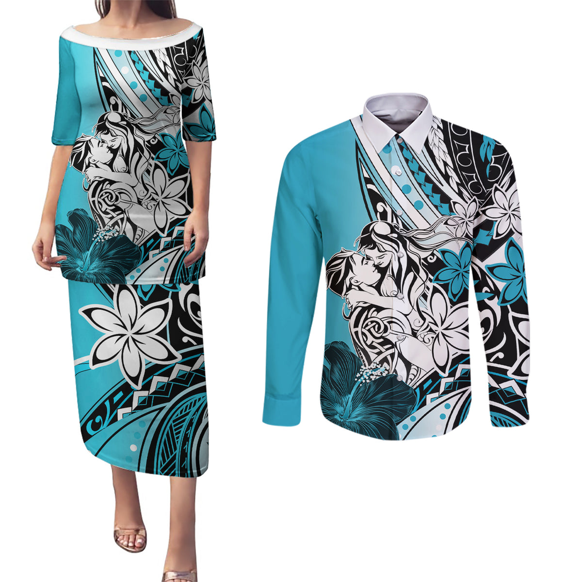 Polynesian Valentine Couples Matching Puletasi and Long Sleeve Button Shirt Couple Floral Unique Sky Blue Version LT01 Sky - Polynesian Pride