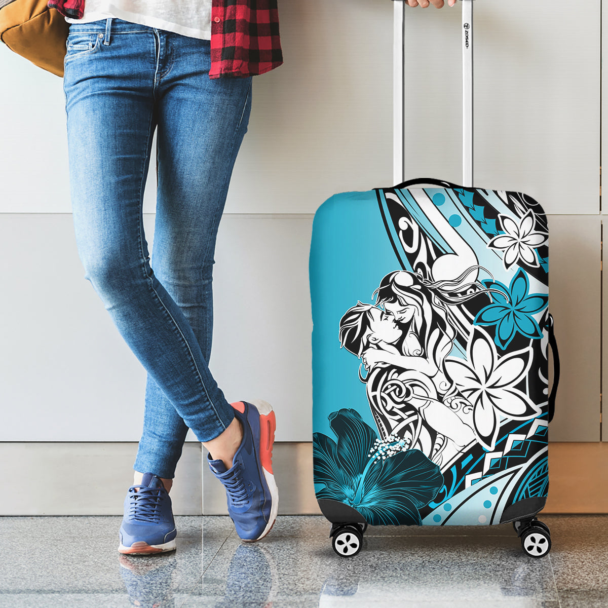 Polynesian Valentine Luggage Cover Couple Floral Unique Sky Blue Version LT01 - Polynesian Pride