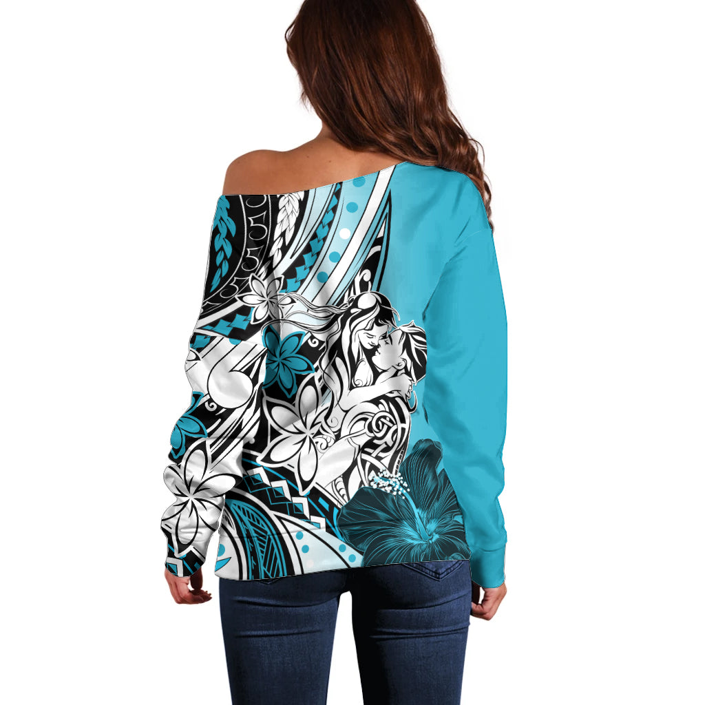 Polynesian Valentine Off Shoulder Sweater Couple Floral Unique Sky Blue Version LT01 - Polynesian Pride