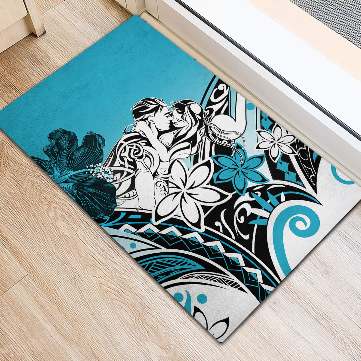 Polynesian Valentine Rubber Doormat Couple Floral Unique Sky Blue Version LT01 - Polynesian Pride