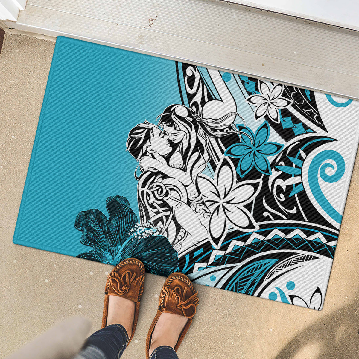 Polynesian Valentine Rubber Doormat Couple Floral Unique Sky Blue Version LT01 - Polynesian Pride