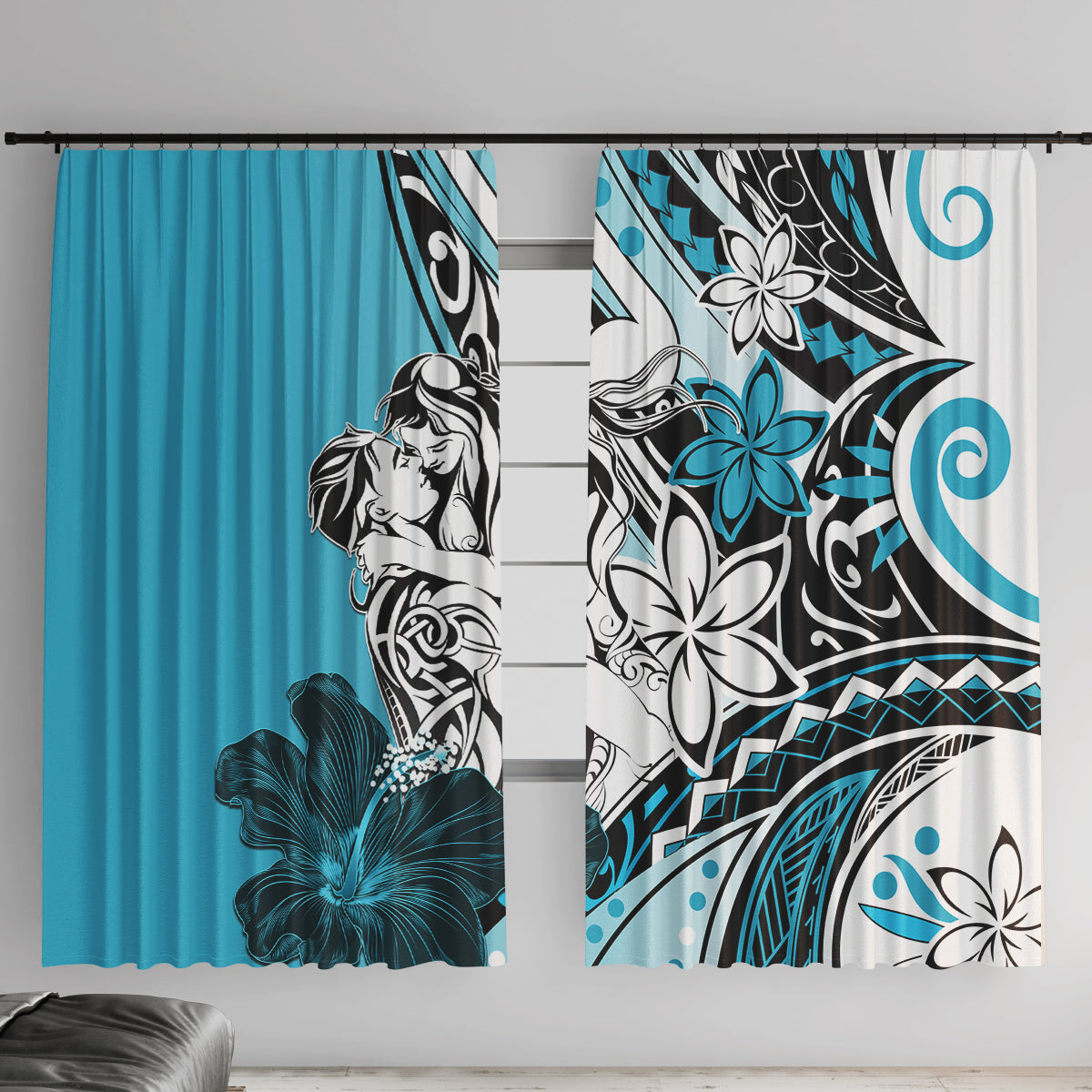 Polynesian Valentine Window Curtain Couple Floral Unique Sky Blue Version LT01 With Hooks Sky - Polynesian Pride