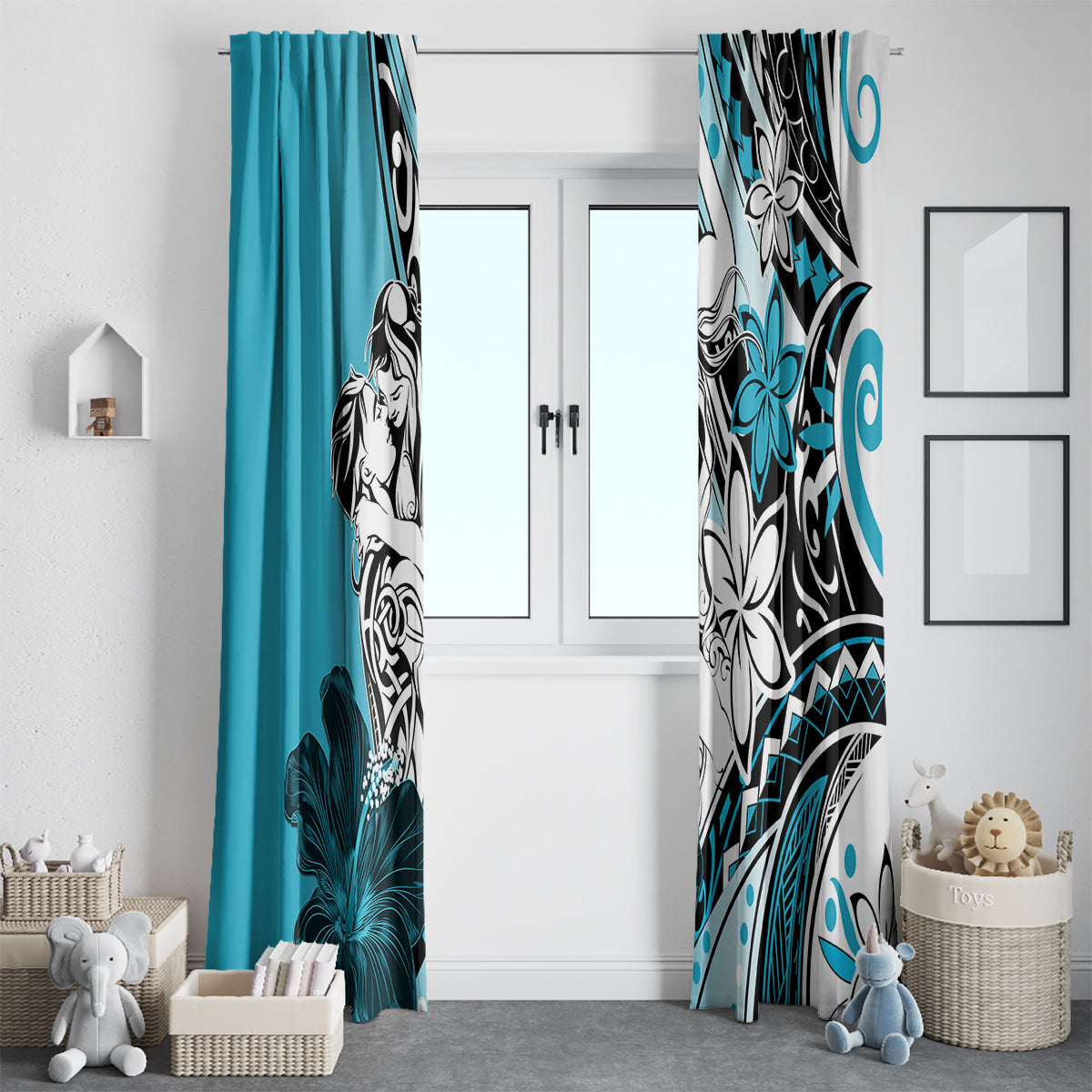 Polynesian Valentine Window Curtain Couple Floral Unique Sky Blue Version LT01 - Polynesian Pride