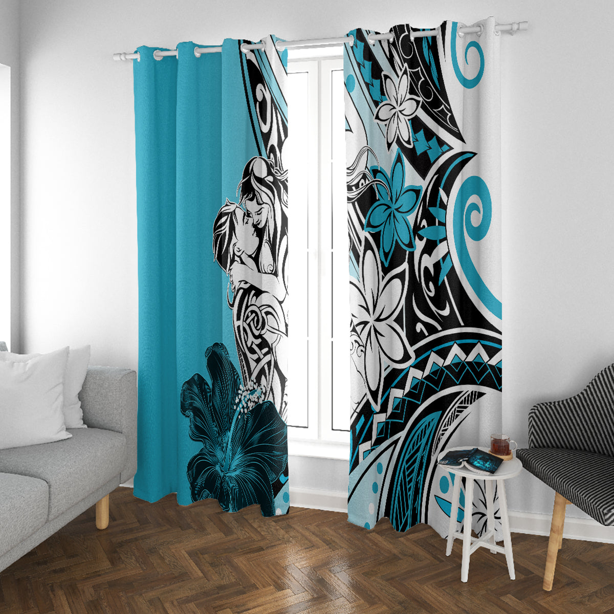 Polynesian Valentine Window Curtain Couple Floral Unique Sky Blue Version LT01 With Grommets Sky - Polynesian Pride