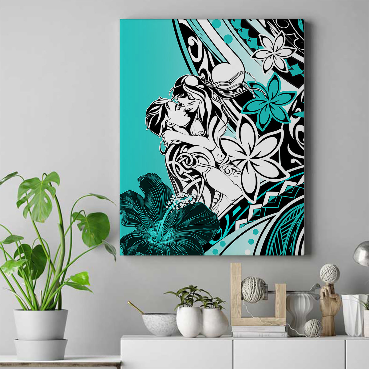 Polynesian Valentine Canvas Wall Art Couple Floral Unique Turquoise Version LT01 Turquoise - Polynesian Pride